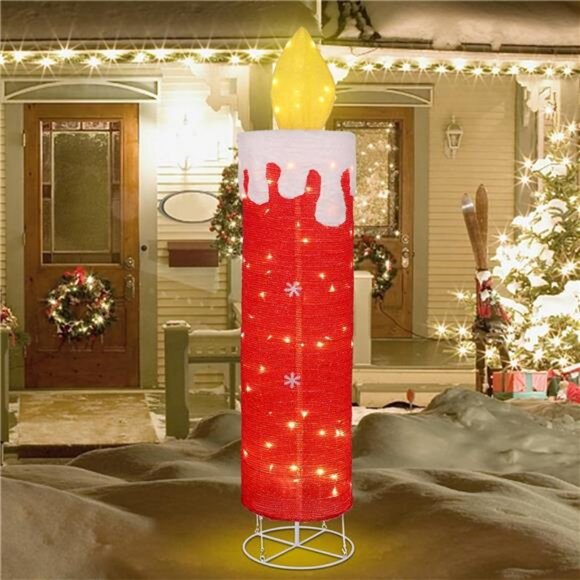 5.2 FT Christmas Lighted Decor Candle, Red Glitter 3D with Flickering Flame - Picture 4 of 8